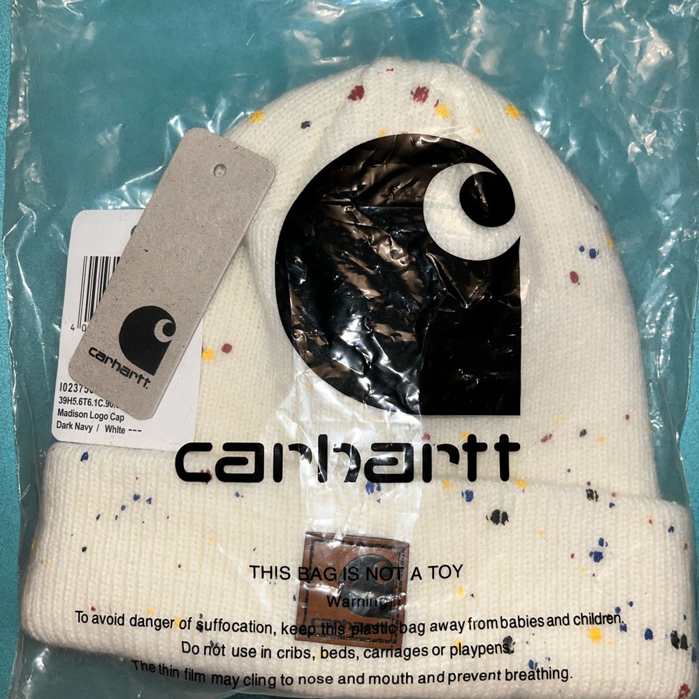 White Carhartt Beanie w/multi colored Speckles